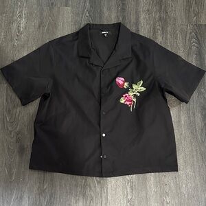 Fashion Nova Black Shirt with Pink Floral Accent